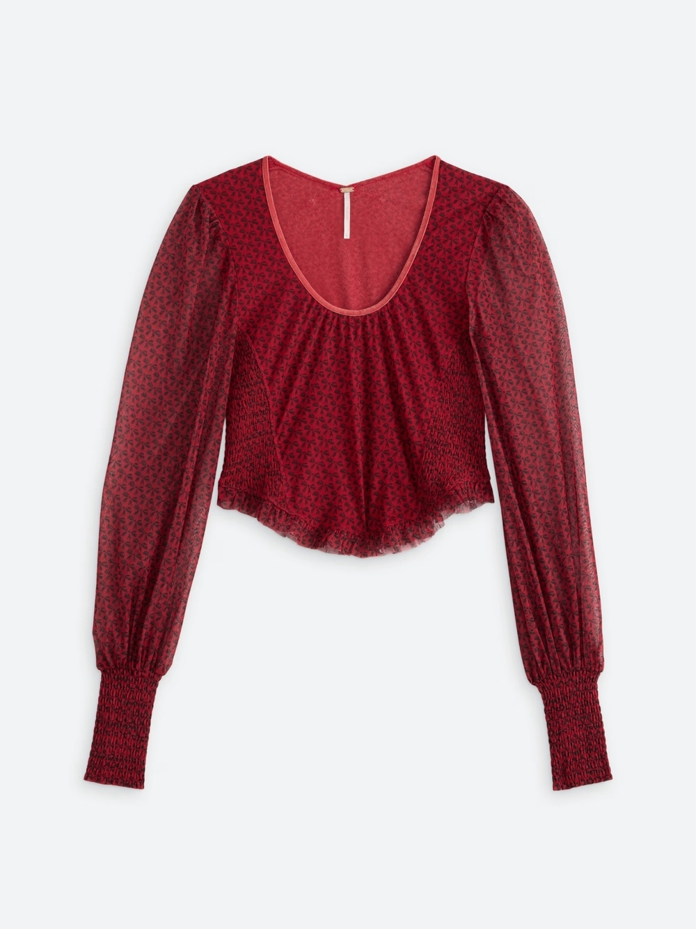 Free People Burgundy Sheer Long-Sleeve Scoop Neck Top